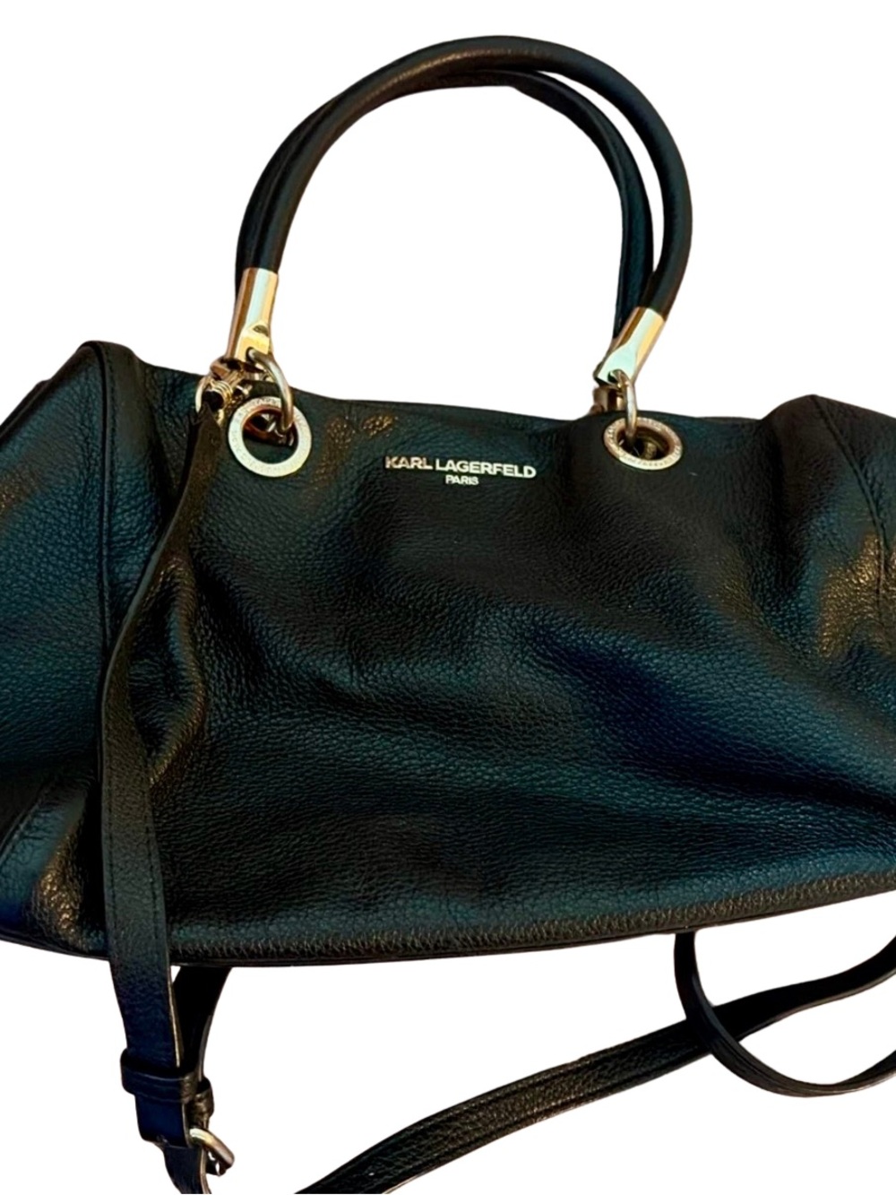 Karl Lagerfeld Slouchy Black Pebbled Leather Shoulder Tote with Gold Accents